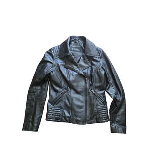 GUESS Black Leather Moto Jacket Quilted Ribbed S